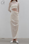 Un Morceau velvet lace stitching waist details dress UM231LS08 white PUM35